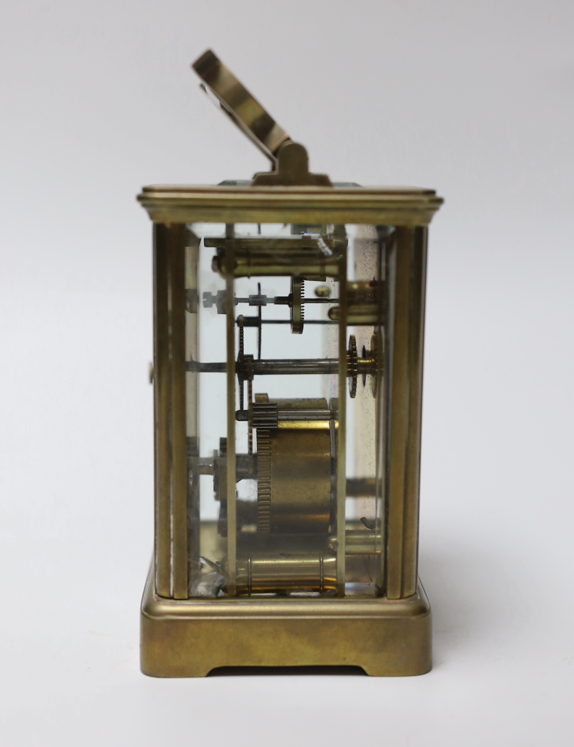 A French carriage timepiece with enamel dial, 15cm high